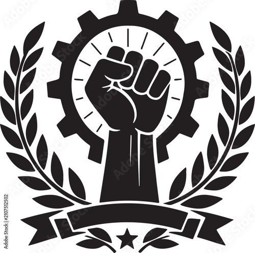 Industrial gear with raised fist emblem for labor rights and worker unity vector
