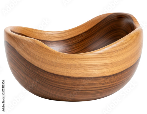 Organic wavy hand carved wooden bowl for kitchen cutout on transparent background