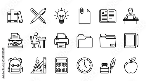 Fotografie Comprehensive set of education and office line icons featuring books, student, typewriter, stationery, and learning tools
