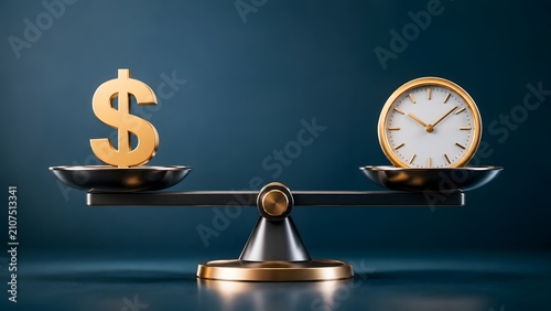 Golden dollar sign and an elegant clock perfectly balanced on a scale representing the concept of time is money and financial equilibrium.