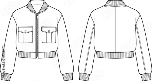 Bild auf Leinwand Technical flat sketch vector illustration of a cropped bomber jacket with chest flap pockets, front zipper, and ribbed hem for fashion design design