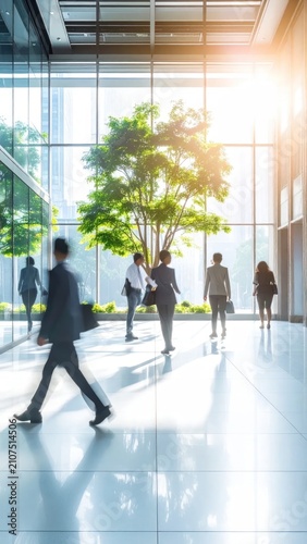 Busy business people in a modern office lobby with large windows, bright sunlight, and indoor tree