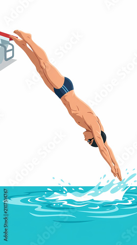 A male swimmer diving gracefully headfirst into the swimming pool from the starting block.