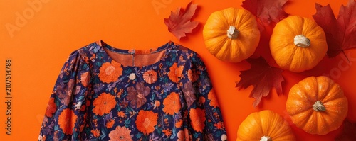 A floral dress is displayed alongside small pumpkins and autumn leaves on an orange background, evoking a cozy fall atmosphere.