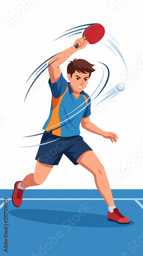 A young table tennis player in a blue and orange uniform prepares to hit the ball with intensity.