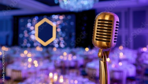 Golden vintage microphone on a stand in an banquet hall with purple ambient lighting and candlelit tables