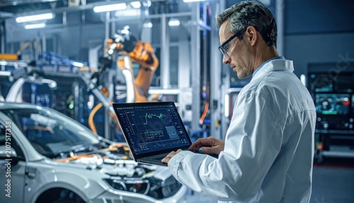 Male technician in lab coat examines data on laptop near car and robotic arm in industrial setting
