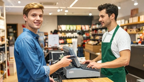 Smiling customer paying cashier at counter in a well-lit grocery store