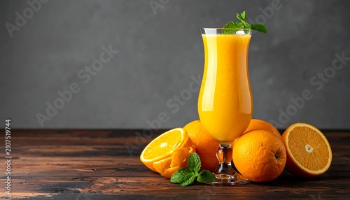 Fresh orange juice with mint garnish on wooden table.