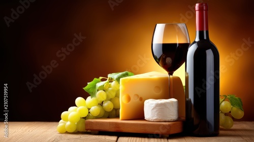 Red wine bottle with glass and assortment of cheese and grapes on wooden board