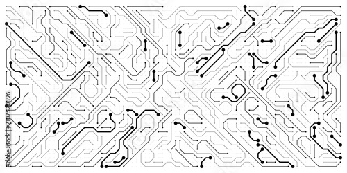 Tableau sur toile Monochromatic electronic circuit board trace vector graphic featuring bold node