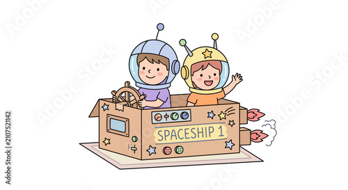 Foto Children in a homemade spaceship playing pretend