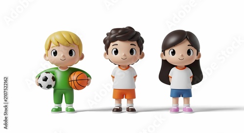 3D Render of Diverse Group of Active Children Characters with Sports Equipment Isolated on White Background for Youth Fitness and Education