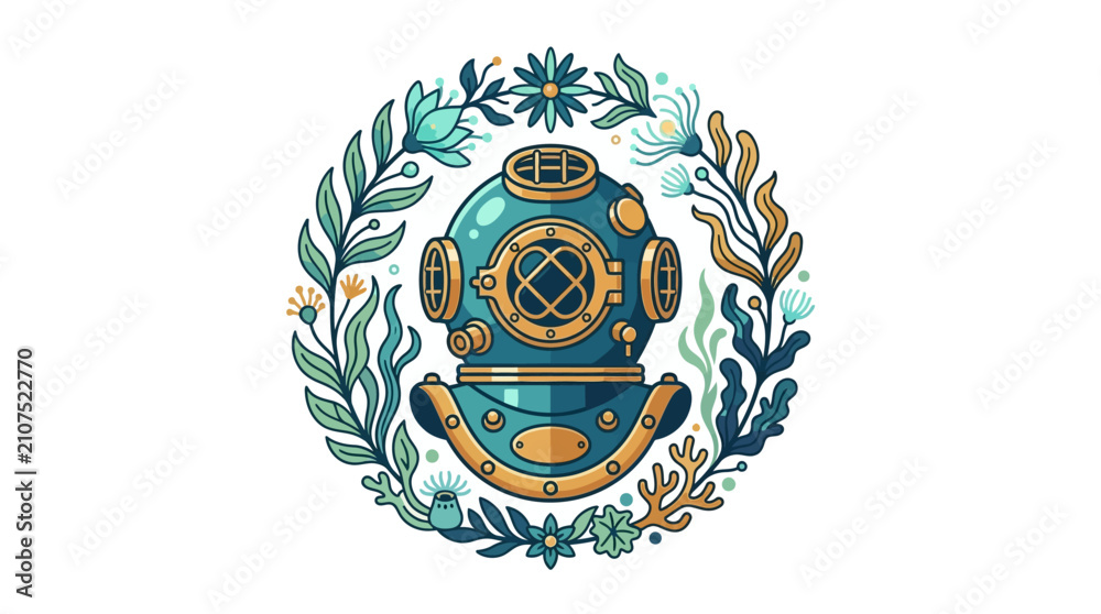 Obraz premium Retro-Modern Diving Helmet Emblem with Deep Sea Flora