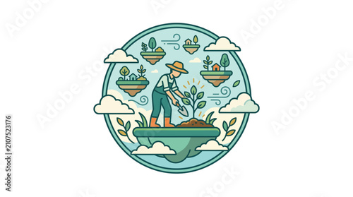 Картината върху платно Retro-modern emblem of a gardener cultivating floating islands amidst clouds