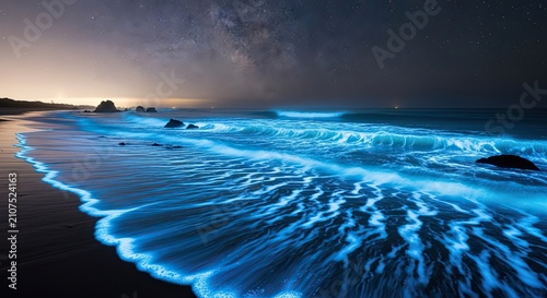 Bioluminescent Waves Crash on Beach Under Starry Night Sky
