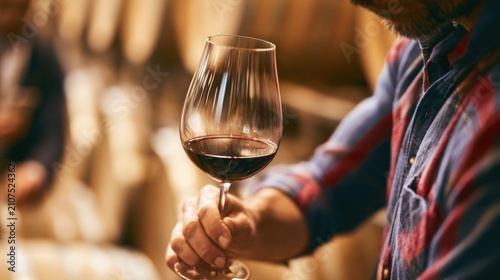 Man holding glass of red wine cellar background