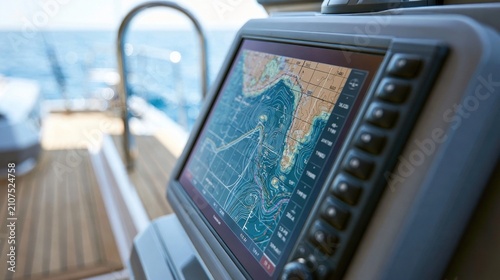 Marine gps navigation chartplotter displaying nautical map at boat helm
