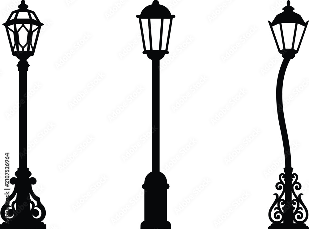 Obraz premium Vintage Street Lamp Silhouette Icon Set Featuring Classic Ornate Lamppost Designs for Retro Cityscapes, Park Backgrounds, and Urban Architecture Graphic Elements
