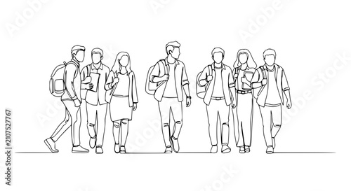 Group of diverse students walking together, minimalist line art, back to school concept