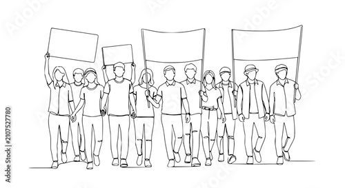 Canvas Print Protestors Marching with Blank Signs and Banners, Social Activism Line Art Illus