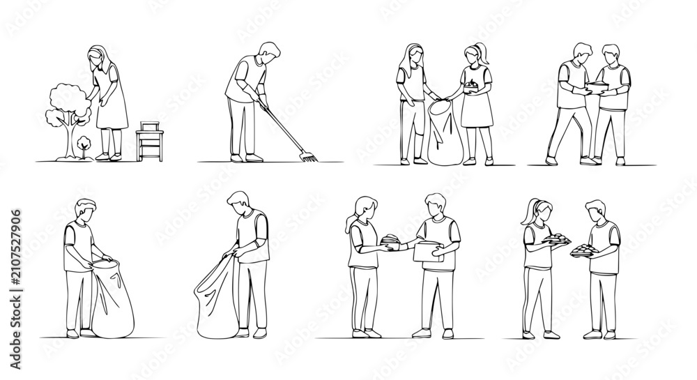 Obraz premium Community Service: Volunteering, Cleaning, and Helping Hands - Line Art Illustrations