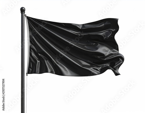 A black flag flutters on a tall, silver flagpole against a stark white background