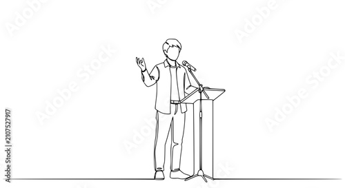 Принти на полотні Man speaking at podium with microphone, single line drawing, presentation concep