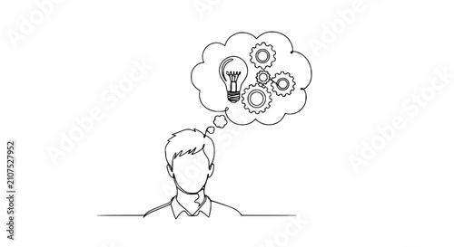 Man thinking about an idea: lightbulb, gears, innovation, creativity, problem solving, continuous line drawing