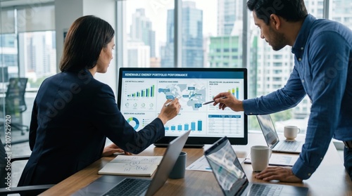 Business team analyzing renewable energy portfolio performance on large screen monitor with charts and maps, sustainability and green power investment strategy discussion in cor...