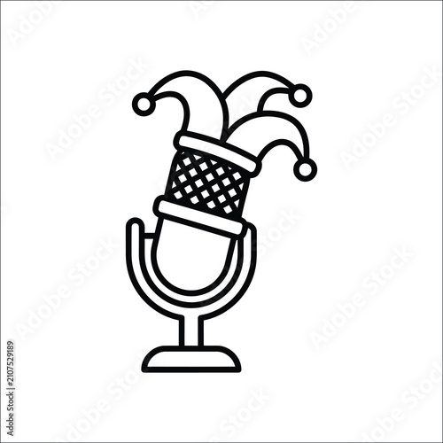 Comedy Podcast Microphone with Funny Hat Outline Vector Icon