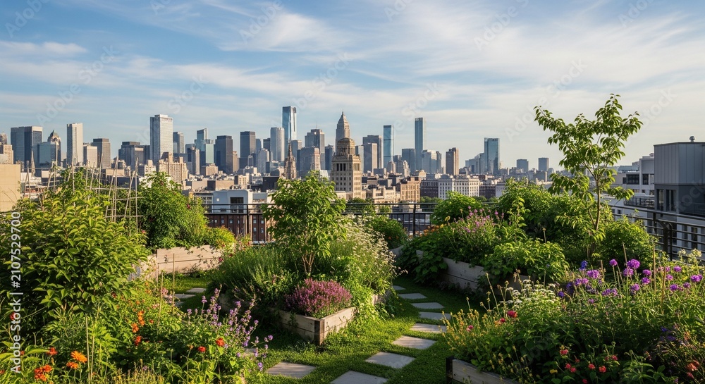 Fototapeta premium Urban skyline viewed from a lush green rooftop garden with modern cityscape
