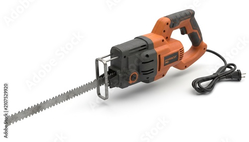 Orange and black electric reciprocating saw power tool isolated on a clean white background.
