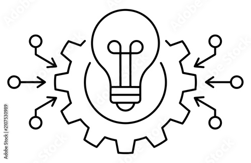 Light bulb inside a gear icon with connecting nodes representing innovation technology and creative