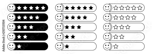 Customer satisfaction feedback rating set using happy faces and star scales with feedback, satisfaction
