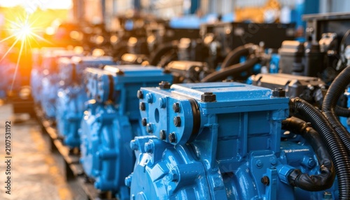Row of blue industrial pumps in a manufacturing plant workshop