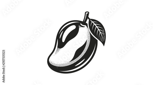 A stylized black and white illustration of a single ripe mango with a leaf.