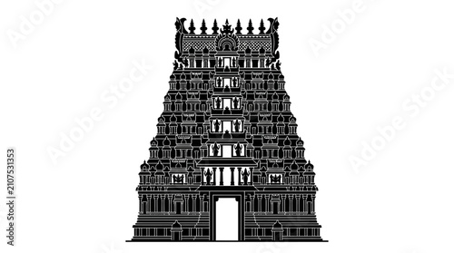 Intricate black and white illustration of a traditional South Indian temple gopuram tower.