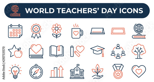 World teachers' day icons set with education symbols and teaching elements featuring teacher, icon, symbol with school