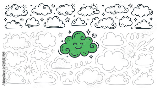 Canvastavla Doodle Clouds Collection with Happy Green Cloud