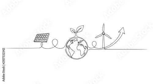 Sustainable energy concept: Earth, solar panel, wind turbine, plant sprout, and growth arrow in continuous line art.