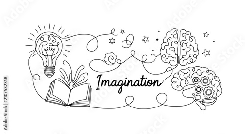Imagination and creativity concept: lightbulb, open book, brains with gears and stars on white background