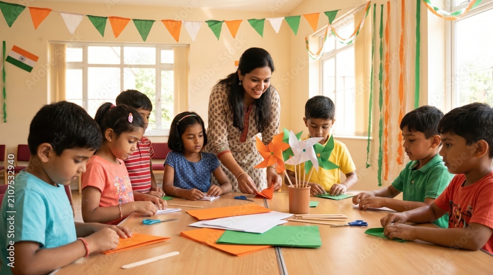 Fototapeta premium Teacher guides diverse children in crafting patriotic decorations for India's Independence Day celebration