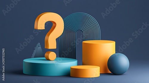 A 3D rendering of a yellow question mark on geometric platforms. This concept represents uncertainty or.