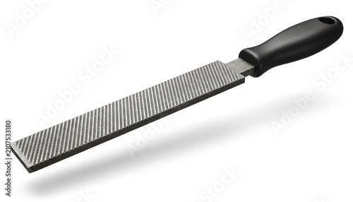 Metal Rasp Tool with Black Handle on White Background.