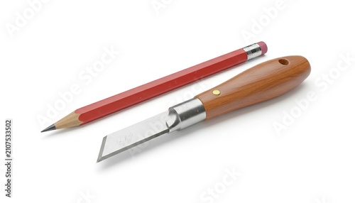 Crafting Tools - A Red Pencil and a Wood-Handled Craft Knife on a White Background.