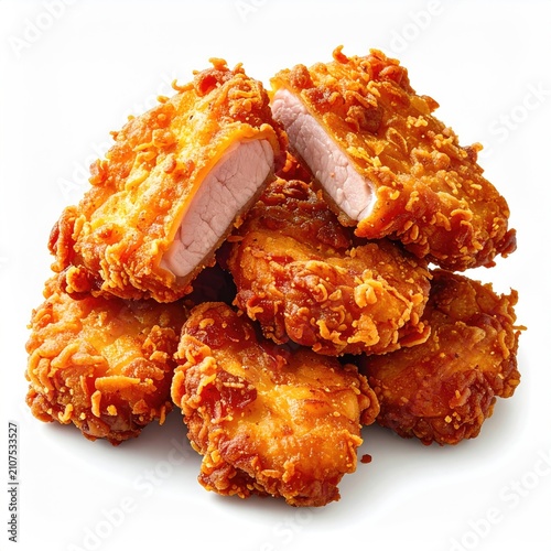 Crispy, golden fried chicken pieces piled high on a white background