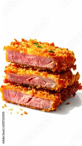 Stacked crispy fried meat cutlets with a golden-brown breading