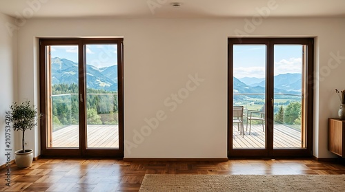 Empty white wall between two glass doors of a wooden parquet floor room with nature scenery outside. Sightseeing terrace