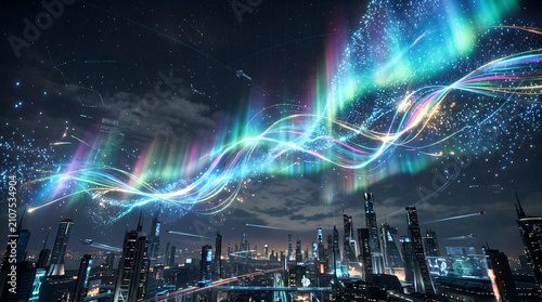 Futuristic smart city skyline at night with glowing colorful aurora light trails data streams digital network overlay